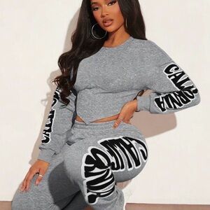 Gray Graphic Sweatshirt and Joggers Set Cropped